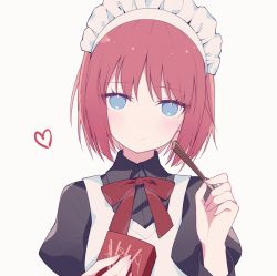 Rule 34 | 1girl, aka kan, apron, blue eyes, bob cut, box, closed mouth, food, giving, heart, hisui (tsukihime), holding, juliet sleeves, long sleeves, looking at viewer, maid headdress, necktie, pocky, puffy sleeves, red hair, red necktie, red ribbon, ribbon, short hair, simple background, smile, solo, tsukihime, upper body, white apron, white background