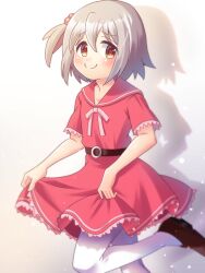 Rule 34 | 1boy, bare arms, belt, blush, brown eyes, brown footwear, commentary, crossdressing, dress, grey hair, hair between eyes, hair bobbles, hair ornament, highres, looking at viewer, nemu0701, one side up, onii-chan wa oshimai!, pantyhose, red dress, red sailor collar, sailor collar, sailor dress, senkawa minato, shadow, shoes, short sleeves, simple background, skirt hold, smile, solo, trap, white background, white pantyhose