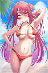 Rule 34 | 1girl, bare shoulders, beach, bikini, blush, breasts, cleavage, collarbone, colored inner hair, hair bun, heterochromia, highres, hololive, houshou marine, houshou marine (summer), large breasts, licking lips, long hair, looking at viewer, multicolored hair, navel, outdoors, pink hair, red bikini, red eyes, red hair, smile, solo, streaked hair, string bikini, suicabar72, swimsuit, tongue, tongue out, virtual youtuber, yellow eyes
