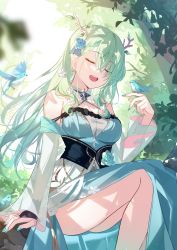 Rule 34 | 1girl, absurdres, antlers, bare shoulders, bird, blush, breasts, ceres fauna, cleavage, closed eyes, collarbone, dress, forest, green dress, green hair, heiyan shenshi, highres, hololive, hololive english, horns, long hair, medium breasts, nature, open mouth, see-through, see-through cleavage, smile, solo, thighs, virtual youtuber