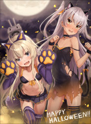 Rule 34 | 2girls, :d, ahoge, amatsukaze (kancolle), animal ears, animal hands, bell, bent over, black dress, black legwear, blonde hair, blue eyes, blush, breasts, brown eyes, cat ears, cat tail, choker, contrapposto, dress, elbow gloves, fake animal ears, fang, flat chest, front-tie top, gloves, hairband, happy halloween, highleg, highleg panties, highres, jingle bell, kantai collection, long hair, looking at viewer, miniskirt, multiple girls, navel, neck bell, open mouth, panties, paw gloves, paw pose, pleated skirt, purple gloves, rensouhou-chan, shimakaze (kancolle), short dress, sidelocks, silver hair, single thighhigh, skirt, small breasts, smile, strap slip, tail, takanashi kei (hitsujikan), thighhighs, torn clothes, torn dress, two side up, underwear