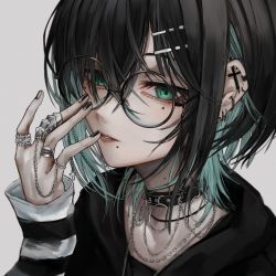 Rule 34 | 1girl, black hair, black nails, blue eyes, blue hair, chain, choker, colored inner hair, cross, ear piercing, earrings, eyewear strap, glasses, hair ornament, hairclip, hand on own face, highres, jewelry, mole, mole on neck, mole under eye, mole under mouth, multicolored hair, nail polish, original, parted lips, piercing, portrait, ring, safutsuguon, short hair, simple background, solo, white background