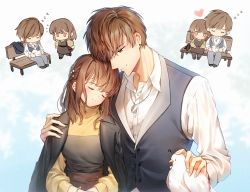 Rule 34 | 1boy, 1girl, ?, arm around shoulder, bag, bai qi (love and producer), bench, bird, blush, bracelet, brown hair, chibi, dog tags, earrings, closed eyes, handbag, hetero, iji (u mayday), jewelry, long hair, long sleeves, love and producer, necklace, outdoors, protagonist (love and producer), shirt, short hair, simple background, sitting, sleeping, smile, stud earrings, vest, white shirt, zzz
