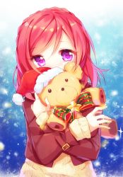Rule 34 | 10s, 1girl, bad id, bad pixiv id, braid, christmas, coat, covered mouth, crown braid, hat, holding, holding stuffed toy, long sleeves, looking at viewer, love live!, love live! school idol festival, love live! school idol project, nishikino maki, hugging object, pf, purple eyes, red hair, santa hat, short hair, sketch, solo, stuffed animal, stuffed toy, sweater, teddy bear, upper body, winter clothes