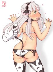 Rule 34 | 1girl, against wall, anal tail, animal ears, animal print, ass, bikini, blunt bangs, blush, butt crack, butt plug, commentary request, cow ears, cow horns, cow print, cow tail, cowboy shot, disembodied limb, fake tail, from behind, green eyes, highres, horns, kanon (kurogane knights), kantai collection, long hair, looking at viewer, maestrale (kancolle), nose blush, one-hour drawing challenge, one side up, open clothes, sex toy, side-tie bikini bottom, silver hair, simple background, solo, swimsuit, tail, thighhighs, tongue, tongue out, white background, white bikini, white thighhighs