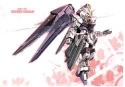 Rule 34 | character name, check commentary, cherry blossoms, commentary request, english text, floral background, freedom gundam, full body, gundam, gundam seed, highres, mecha, mechanical wings, mobile suit, no humans, open hand, robot, sibelurabbi, solo, spring (season), v-fin, white background, wings, yellow eyes