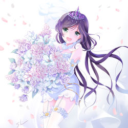 Rule 34 | 10s, 1girl, :d, beads, bouquet, bridal veil, dress, elbow gloves, flower, frilled thighhighs, frills, garter straps, gloves, head tilt, highres, holding, holding bouquet, lace, lace-trimmed dress, lace-trimmed gloves, lace trim, lily (flower), long hair, looking at viewer, love live!, love live! school idol festival, love live! school idol project, low twintails, open mouth, petals, pink flower, pink rose, purple hair, rose, see-through, shino (shinderera), short dress, sleeveless, sleeveless dress, smile, solo, swept bangs, thighhighs, tiara, tojo nozomi, twintails, veil, very long hair, wedding dress, white dress, white flower, white gloves, white rose, white thighhighs