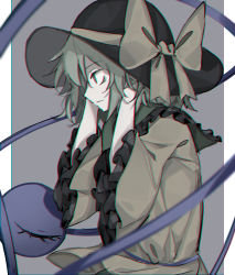 Rule 34 | 1girl, absurdres, black hat, closed mouth, collar, collared shirt, expressionless, eyeball, eyebrows, frilled collar, frilled sleeves, frills, from side, green eyes, hand in own hair, hat, hat ribbon, headwear request, highres, hisha (kan moko), komeiji koishi, looking afar, ribbon, shirt, short hair, simple background, solo, string, touhou, upper body, wide sleeves, yellow ribbon, yellow shirt