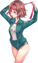 Rule 34 | 1girl, arms up, breasts, brown hair, buruma, closed mouth, cowboy shot, gym uniform, headband, jacket, long sleeves, looking away, looking to the side, medium breasts, mendou saya, name tag, open clothes, open jacket, original, short hair, solo, track jacket, transparent background, tying, unzipped, yellow eyes