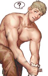 Rule 34 | 1boy, ?, blonde hair, dirty, dirty face, dungeon meshi, feet out of frame, greenteaa, highres, laios touden, leaning forward, looking at viewer, male focus, pants, pectorals, solo, spoken question mark, sweat, thick eyebrows, toned, toned male, topless male, yellow eyes