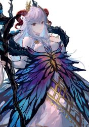 Rule 34 | 1girl, blue hair, breasts, commentary, curled horns, dress, fire emblem, fire emblem heroes, freyja (fire emblem), goat horns, gradient hair, hand on own chest, highres, holding, holding staff, holding weapon, horns, jnsghsi, long hair, long sleeves, looking at viewer, medium breasts, multicolored hair, nintendo, red eyes, red horns, simple background, solo, staff, swept bangs, two-tone hair, weapon, white background, white dress, white hair