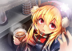 Rule 34 | 1girl, adapted costume, blonde hair, blush, breasts, clothes writing, clownpiece, coffee, coffee cup, cream, cup, disposable cup, hair between eyes, hat, heart, latte art, long hair, medium breasts, mug, pom pom (clothes), red eyes, scarf, snowing, solo, star (symbol), striped, touhou, upper body, winter, winter clothes, z.o.b