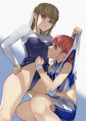 Rule 34 | 2girls, ao no hako (wsj), athletic leotard, black eyes, breasts, brown hair, chono hina, cosplay, costume switch, eye contact, hand on own hip, highres, kano chinatsu, leotard, lifting another&#039;s clothes, long hair, looking at another, multiple girls, red hair, shorts, small breasts, white wristband, yuki tarou