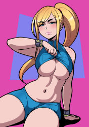Rule 34 | 1girl, abstract background, bare shoulders, blonde hair, blouse, blue eyes, blue shirt, blush, breasts, cowboy shot, female focus, hairband, half-closed eyes, highres, jam-orbital, large breasts, lips, long hair, looking at viewer, looking down, metroid, mole, mole under mouth, navel, nintendo, ponytail, samus aran, shadow, shirt, short shorts, shorts, simple background, sitting, sleeveless, sleeveless shirt, smile, solo, stomach, swept bangs, thick thighs, thighs, underboob, undressing, unzipping, wrist cuffs, zipper, zipper pull tab