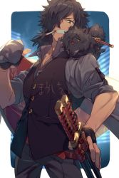 Rule 34 | 1boy, alternate costume, animal, belt, black dog, black gloves, black hair, black pants, black vest, brown belt, brown eyes, buttons, cigarette, collared shirt, commentary request, dog, echo (circa), facial hair, fate/grand order, fate (series), fingerless gloves, formal, gloves, grey shirt, hair over one eye, holding, holding clothes, holding jacket, jacket, katana, koha-ace, long hair, looking at viewer, male focus, messy hair, mouth hold, official alternate costume, okada izou (dog) (fate), okada izou (fate), on shoulder, one eye covered, pants, ponytail, sheath, sheathed, shirt, sleeves rolled up, smile, sword, teeth, tongue, tongue out, translation request, vest, weapon