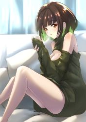 Rule 34 | 1girl, absurdres, bare shoulders, blush, borrowed character, breasts, brown hair, cleavage, cleavage cutout, clothing cutout, couch, cup, deekei, green hair, highres, holding, holding cup, large breasts, looking at viewer, miru (ormille), mole, mole on breast, mole under eye, on couch, orange eyes, original, pillow, shoulder cutout, solo, sweater