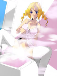 Rule 34 | 1girl, atlus, blonde hair, blush, breasts, catherine, catherine (game), covering privates, drill hair, female focus, jontrabbit, long hair, no panties, smoke, solo, twin drills, twintails