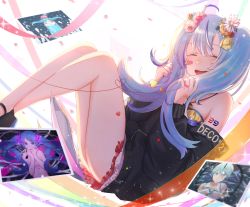Rule 34 | 1girl, artist self-reference, bikini, bikini top only, black sweater, blue hair, closed eyes, collarbone, creator connection, daisy, floating hair, flower, frilled bikini, frilled bikini top, frills, hair between eyes, hair flower, hair ornament, halterneck, hatsune miku, highres, holding, holding hair, long hair, lucy (rusi-juren328), miniskirt, off-shoulder shirt, off shoulder, open mouth, petals, photo (object), pink flower, pleated skirt, red ribbon, red skirt, ribbon, rose, shirt, skirt, solo, sweater, swimsuit, twintails, very long hair, vocaloid, white background, white flower, yellow bikini, yellow flower, yellow rose