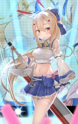 Rule 34 | 1girl, :o, ayanami (azur lane), ayanami (low-key idol @confused) (azur lane), ayanami (low-key idol @confused) (azur lane), azur lane, bare shoulders, blonde hair, blue bow, blue skirt, bow, breasts, buttons, commentary, crop top, detached sleeves, double-breasted, frilled sleeves, frills, hair between eyes, hair bow, headgear, highres, holding, holding sword, holding weapon, long hair, long sleeves, looking at viewer, medium breasts, micchamu, miniskirt, navel, neck ribbon, pleated skirt, ponytail, ribbon, sidelocks, skirt, sleeves past wrists, solo, standing, stomach, sword, thighhighs, very long hair, weapon, white thighhighs, wide sleeves, yellow eyes, yellow ribbon