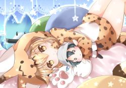 Rule 34 | 10s, 1girl, adapted costume, angel, angel wings, animal ears, animal hands, animal hood, bare shoulders, blonde hair, blush, bow, bowtie, character doll, commentary request, gloves, hat, higashimura, hood, hugging doll, hugging object, kaban (kemono friends), kemono friends, looking at viewer, lucky beast (kemono friends), lying, on back, serval (kemono friends), serval print, serval tail, shirt, short hair, skirt, sleeveless, smile, solo, tail, wings, yellow eyes