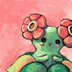 Rule 34 | :d, bellossom, blush stickers, commentary, creatures (company), english commentary, flower, game freak, gen 2 pokemon, green eyes, hands up, nintendo, no humans, open mouth, pink background, pokemon, pokemon (creature), red flower, sailorclef, smile, solo