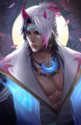 Rule 34 | 1boy, abs, aphelios, bead necklace, beads, black hair, crescent, crescent necklace, ddorobo, highres, horns, jewelry, league of legends, long sleeves, male focus, medium hair, moon, multicolored hair, muscular, muscular male, necklace, parted lips, petals, pointy ears, spirit blossom aphelios, teeth, two-tone hair, upper body