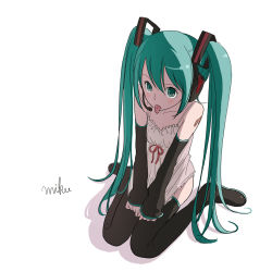 Rule 34 | 1girl, :p, aqua eyes, aqua hair, chemise, clothes pull, covering crotch, covering privates, detached sleeves, hatsune miku, headset, kneeling, kokudou juunigou, md5 mismatch, no panties, panties, resolution mismatch, shirt pull, shirt tug, simple background, solo, source larger, striped clothes, striped panties, thighhighs, tongue, tongue out, twintails, underwear, vocaloid