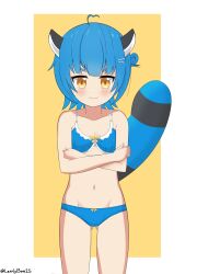 Rule 34 | 1girl, absurdres, animal ears, belly, blue bra, blue hair, blue panties, blush, blush stickers, bra, breasts, commission, crossed arms, highres, idol corp, leafy bow, looking at viewer, navel, panties, poko rakun, raccoon ears, raccoon tail, ribbon, short hair, simple background, small breasts, tail, thighs, underwear, underwear only, virtual youtuber, yellow eyes