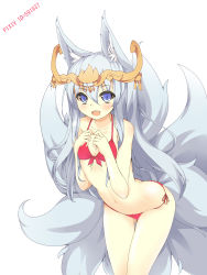 Rule 34 | 1girl, animal ears, bad id, bad pixiv id, bent over, bikini, blue eyes, collarbone, colored eyelashes, fox ears, fox tail, hair ornament, highres, long hair, mitsuki (p&amp;d), multiple tails, ootsuki momiji, open mouth, puzzle &amp; dragons, red bikini, side-tie bikini bottom, silver hair, smile, solo, swimsuit, tail, very long hair