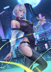 Rule 34 | 1girl, asymmetrical hair, blurry, blurry background, bodysuit, breasts, cityscape, cyberpunk, cyberpunk (series), cyberpunk 2077, cyberpunk edgerunners, cyborg, eyeliner, highres, lucy (cyberpunk), medium breasts, monowire, moon, multicolored eyes, multicolored hair, nibelart, night, off-shoulder jacket, off shoulder, red eyeliner, science fiction, short hair, solo