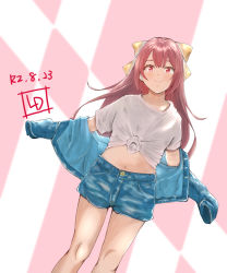 Rule 34 | 1girl, alternate costume, artist logo, blue jacket, blue shorts, bow, commentary request, dated, denim, denim shorts, dutch angle, hair bow, highres, jacket, kamikaze (kancolle), kantai collection, ld (luna dial398), long hair, one-hour drawing challenge, outstretched arms, purple hair, red eyes, shirt, shorts, smile, solo, t-shirt, tied shirt, two-tone background, white shirt, yellow bow