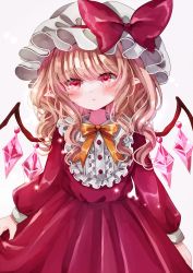 Rule 34 | 1boy, 1girl, alternate costume, blonde hair, bow, bowtie, center frills, closed mouth, crystal, dress, flandre scarlet, frills, hat, hat bow, jaku sono, looking at viewer, medium hair, mob cap, pointy ears, red bow, red dress, red eyes, simple background, solo, standing, touhou, white background, white hat, wings, yellow bow, yellow bowtie
