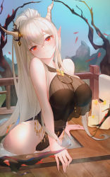 Rule 34 | 1girl, arknights, bare arms, bare shoulders, black one-piece swimsuit, blush, breasts, commentary request, female focus, head tilt, highres, horns, large breasts, liu liaoliao, long hair, looking at viewer, official alternate costume, one-piece swimsuit, outdoors, pointy ears, red eyes, shining (arknights), shining (silent night) (arknights), silver hair, solo, swimsuit, upper body, very long hair
