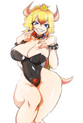 Rule 34 | 1girl, armlet, bare shoulders, blonde hair, blue eyes, bowser logo, bowsette, bracelet, breasts, cleavage, collar, collarbone, covered navel, grin, highleg, highres, horns, jewelry, large breasts, leotard, looking at viewer, mario (series), monster girl, narrow waist, new super mario bros. u deluxe, nintendo, playboy bunny, shark-py, sharp teeth, shell, simple background, smile, solo, spiked armlet, spiked bracelet, spiked collar, spikes, super crown, tail, teeth, thick thighs, thighs, white background, wide hips