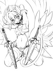 Rule 34 | + +, 1girl, arcana trust, armor, armpits, blush, cameltoe, demon horns, demon tail, elbow gloves, fang, flat chest, gloves, greyscale, horns, kneeling, looking at viewer, monochrome, navel, sasayuki, shinrabanshou, short hair, smile, solo, sword, tail, thighhighs, weapon, wings