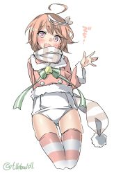Rule 34 | 10s, 1girl, ahoge, alternate costume, arm behind back, bad id, bad twitter id, bell, blush, cowboy shot, cropped legs, ebifurya, fur trim, green ribbon, hair ornament, highres, i-58 (kancolle), inactive account, kantai collection, long sleeves, looking at viewer, one-piece swimsuit, open mouth, pink hair, purple eyes, ribbon, santa costume, scarf, school swimsuit, short hair, simple background, skindentation, smile, solo, striped clothes, striped ribbon, striped scarf, striped thighhighs, swimsuit, thigh gap, thighhighs, twitter username, vertical stripes, weapon, white one-piece swimsuit