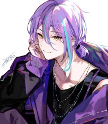 Rule 34 | 1boy, absurdres, black shirt, blue hair, closed mouth, collarbone, double-parted bangs, fuzichoco, hair between eyes, hair tie, hand on own face, hashtag-only commentary, highres, jacket, jewelry, kamishiro rui, looking at viewer, multicolored hair, multiple rings, necklace, partially unzipped, project sekai, purple hair, purple jacket, ring, shirt, short hair, short ponytail, signature, simple background, smile, solo, star (symbol), star necklace, streaked hair, white background, yellow eyes, zozotown