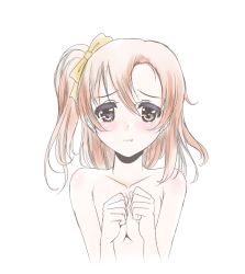 Rule 34 | 10s, 1girl, :t, blush, bow, brown hair, clenched hands, completely nude, covering privates, covering breasts, frapowa, hair between eyes, hair bow, kosaka honoka, looking at viewer, love live!, love live! school idol project, nude, one side up, short hair, side ponytail, simple background, solo, upper body, white background, yellow bow