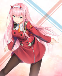 Rule 34 | 10s, 1girl, akizora momiji, aqua eyes, black pantyhose, buttons, cowboy shot, darling in the franxx, hairband, highres, horns, leaning forward, necktie, pantyhose, pink hair, school uniform, simple background, solo, straight hair, white background, white hairband, zero two (darling in the franxx)