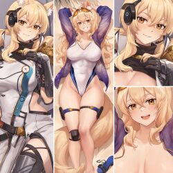 Rule 34 | 1girl, animal ear fluff, animal ears, arknights, arms up, black gloves, blonde hair, breasts, character name, cleavage, clothes writing, dakimakura (medium), dress, epaulettes, eyewear on head, gloves, grin, groin, hair between eyes, headset, horse ears, horse girl, horse tail, implied extra ears, iwbitu, jacket, large breasts, looking at viewer, multiple views, nearl (arknights), nearl (shimmering dew) (arknights), nearl the radiant knight (arknights), official alternate costume, one-piece swimsuit, open clothes, open jacket, purple jacket, smile, sunglasses, swimsuit, tail, teeth, upper teeth only, white dress, white one-piece swimsuit, yellow eyes