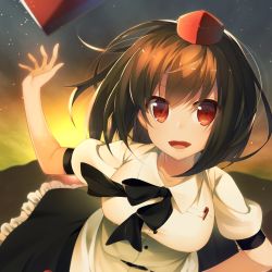 Rule 34 | 1girl, bow, breasts, brown eyes, brown hair, collarbone, female focus, hat, highres, large breasts, niwashi (yuyu), open mouth, puffy short sleeves, puffy sleeves, shameimaru aya, shirt, short sleeves, skirt, smile, solo, sunset, tokin hat, touhou