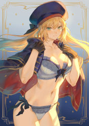 Rule 34 | 1girl, artoria caster (fate), artoria caster (second ascension) (fate), artoria pendragon (fate), beret, black gloves, black ribbon, blonde hair, blue bow, blue bra, blue cape, blue cloak, blue hat, blue panties, bow, bow bra, bra, breasts, cape, cloak, closed mouth, collarbone, commentary, cowboy shot, diamond (shape), duplicate, fate/grand order, fate (series), floating hair, gloves, green eyes, hands up, hat, highres, light smile, lingerie, long hair, looking at viewer, mashuu (neko no oyashiro), navel, panties, pixel-perfect duplicate, ribbon, ribbon bra, side-tie panties, small breasts, solo, stomach, twintails, two-sided cape, two-sided fabric, underwear, white bra, white panties