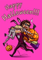 Rule 34 | 10s, 2boys, 89139804364, barnaby brooks jr., blonde hair, brown hair, carrying, costume, domino mask, glasses, halloween, happy halloween, highres, kaburagi t. kotetsu, mask, multiple boys, shirt, smile, striped clothes, striped shirt, tiger &amp; bunny