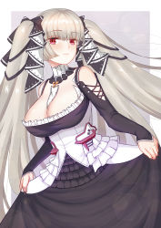 1girl absurdres azur_lane breasts cleavage clothes_lift commentary_request detached_sleeves eyes_visible_through_hair formidable_(azur_lane) frills hair_ribbon highres large_breasts lifting_own_clothes long_hair long_sleeves looking_at_viewer lunarscent maid red_eyes ribbon sidelocks silver_hair simple_background skirt skirt_hold skirt_lift smile solo twintails two-tone_background very_long_hair