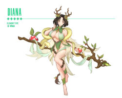 Rule 34 | 1girl, absurdres, armpit crease, barefoot, blush, braid, branch, breasts, brown dust 2, brown eyes, brown hair, character name, cleavage, diana (brown dust), dress, eating, fake antlers, flower, food, food bite, full body, gameplay mechanics, green dress, groin, hair flower, hair ornament, highres, holding, holding food, large breasts, long hair, looking at viewer, mage staff, simple background, sitting, sitting on object, snake, solo, standing, standing on one leg, thick thighs, thighs, toes, twing glutti, very long hair, white background, z3n dz