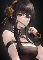 Rule 34 | 1girl, asle, bare shoulders, black dress, black gloves, black hair, breasts, cleavage, dagger, dress, fingerless gloves, gloves, gold hairband, hair ornament, hairband, highres, knife, large breasts, long hair, looking at viewer, red eyes, sidelocks, solo, spy x family, weapon, yor briar