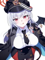 Rule 34 | 1girl, :q, black headwear, black skirt, black tail, blue archive, braid, breasts, buta (dhakaoat), collared shirt, grey hair, halo, haruna (blue archive), highres, jacket, jacket on shoulders, large breasts, long hair, looking at viewer, necktie, red eyes, red halo, shirt, side braid, single braid, single wing, skirt, tongue, tongue out, white shirt, wing piercing, wings