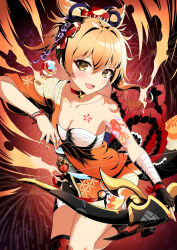 Rule 34 | 1girl, :d, absurdres, arm tattoo, bandaged wrist, bandages, blonde hair, bow (weapon), bracelet, breasts, chest sarashi, choker, cleavage, collarbone, fire, genshin impact, hair between eyes, hair ornament, highres, holding, holding bow (weapon), holding weapon, japanese clothes, jewelry, kimono, looking at viewer, medium breasts, obi, open mouth, orange kimono, red choker, sarashi, sash, single bare shoulder, smile, solo, tattoo, vision (genshin impact), weapon, yellow eyes, yoimiya (genshin impact), yuito (yuitokobunasbs0)