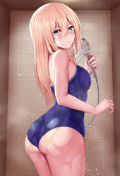 Rule 34 | 1girl, ass, bare arms, bare shoulders, blonde hair, blue eyes, blue one-piece swimsuit, blush, breasts, commentary request, from behind, holding, holding shower head, huyumitsu, large breasts, long hair, looking at viewer, looking back, mole, mole under eye, one-piece swimsuit, original, parted lips, shower head, showering, solo, swimsuit, thighs, tile wall, tiles, water, wet