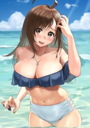 Rule 34 | 1girl, ahoge, bikini, breasts, brown eyes, brown hair, cleavage, commentary request, contemporary, day, highres, izawa (bhive003), jewelry, kono subarashii sekai ni shukufuku wo!, large breasts, long hair, nail polish, navel, necklace, ocean, off-shoulder bikini, off shoulder, outdoors, partial commentary, solo, strapless, strapless bikini, swimsuit, wading, wiz (konosuba)